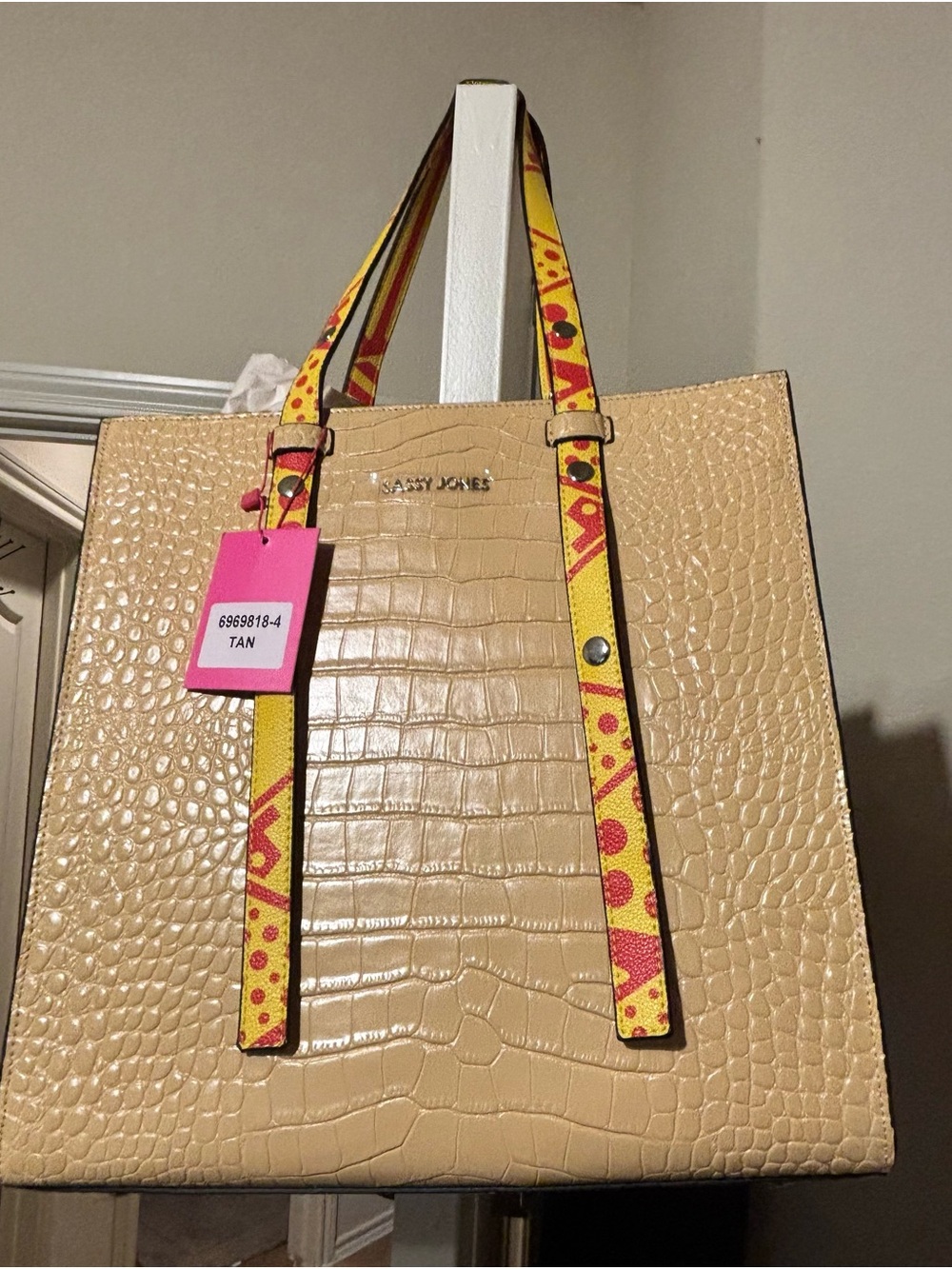 Sassy Jones Tan Croc-Embossed Tote with Yellow Patterned Straps